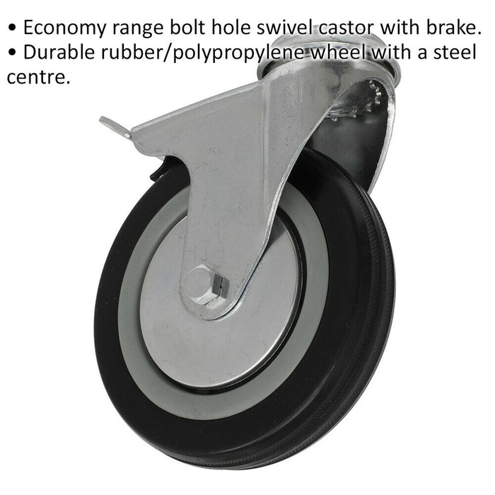 125mm Swivel Bolt Hole Castor Wheel with Brake - 27mm Rubber Tread Steel Centre Loops
