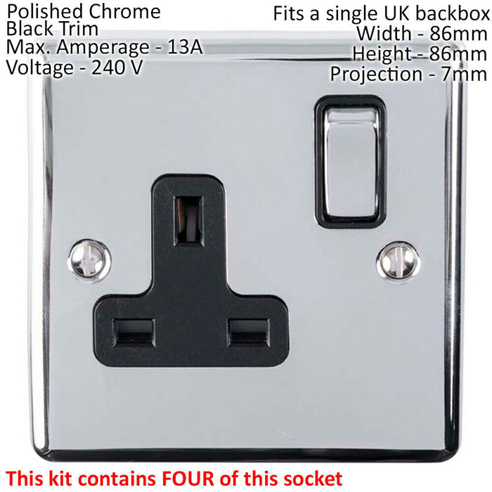 CHROME House Socket & Switch Set -14x Light & 14x Switched UK Power Sockets Loops