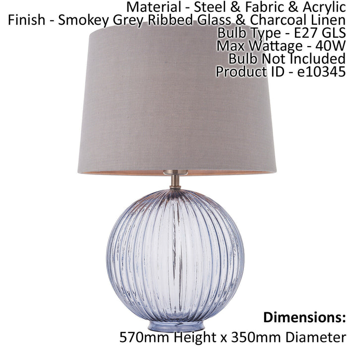 Table Lamp Smokey Grey Ribbed Glass & Charcoal Linen 40W E27 Base & Shade Loops