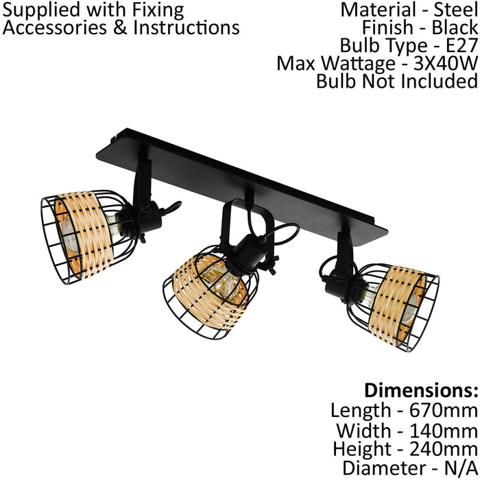 Ceiling Spot Light & 2x Matching Wall Lights Black & Wicker Adjustable Shade Loops