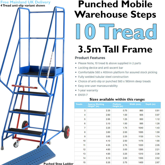 10 Tread Mobile Warehouse Stairs Punched Steps 3.5m EN131 7 BLUE Safety Ladder Loops