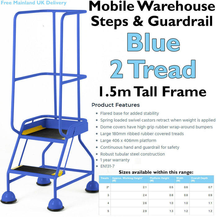 2 Tread Mobile Warehouse Steps & Guardrail BLUE 1.5m Portable Safety Stairs Loops