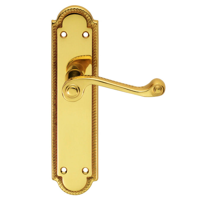 2x PAIR Reeded Scroll Lever on Shaped Latch Backplate 205 x 49mm Polished Brass Loops