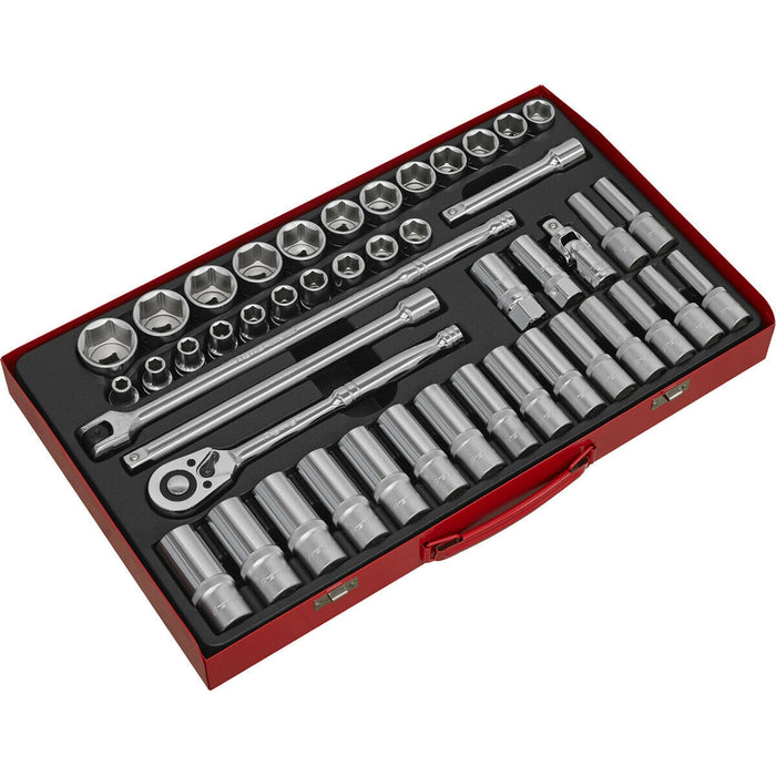 46 PACK Socket Set - 1/2" Metric Square Drive - 6 Point Socket Ratchet Handle Loops