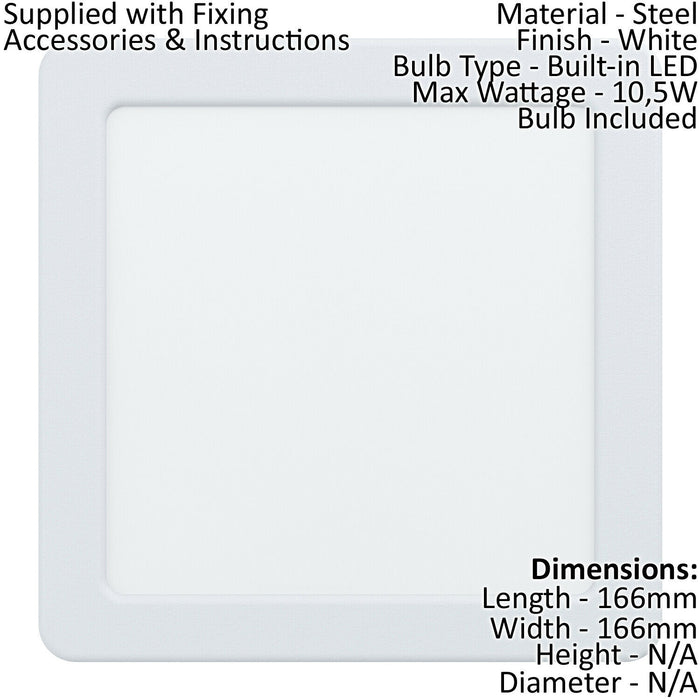 Wall / Ceiling Flush Downlight 166mm White Square Spotlight 10.5W 3000K LED Loops