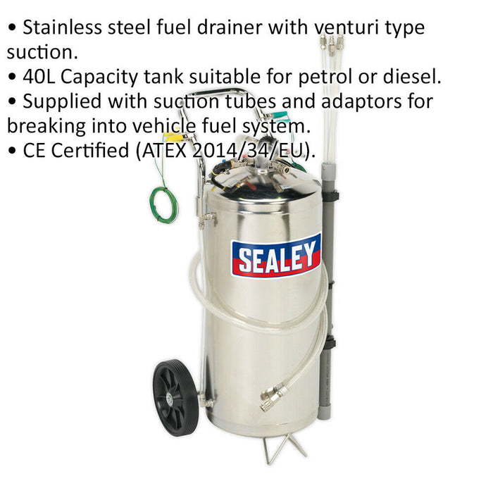 40L Air Operated Fuel Drainer Tank - Venturi Type Suction - Stainless Steel Loops