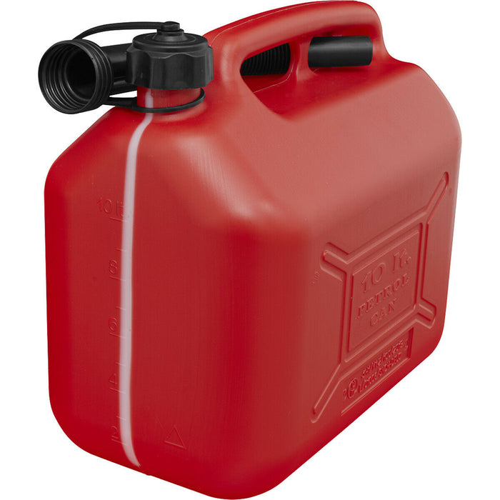 10 Litre Plastic Fuel Can -  Safety Screw Lock Cap - Flexible Spout - Red Loops