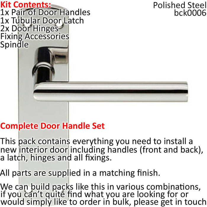 Door Handle & Latch Pack Polished Steel Straight Mitred Lever Slim Backplate Loops