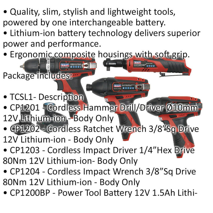 8 Piece 12V Cordless Power Tool Bundle - 2 x Batteries & Charger - Storage Bag Loops