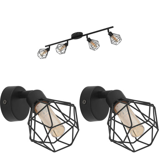 Quad Ceiling Light & 2x Matching Wall Lights Black Cage Amber Glass Trendy Lamp Loops