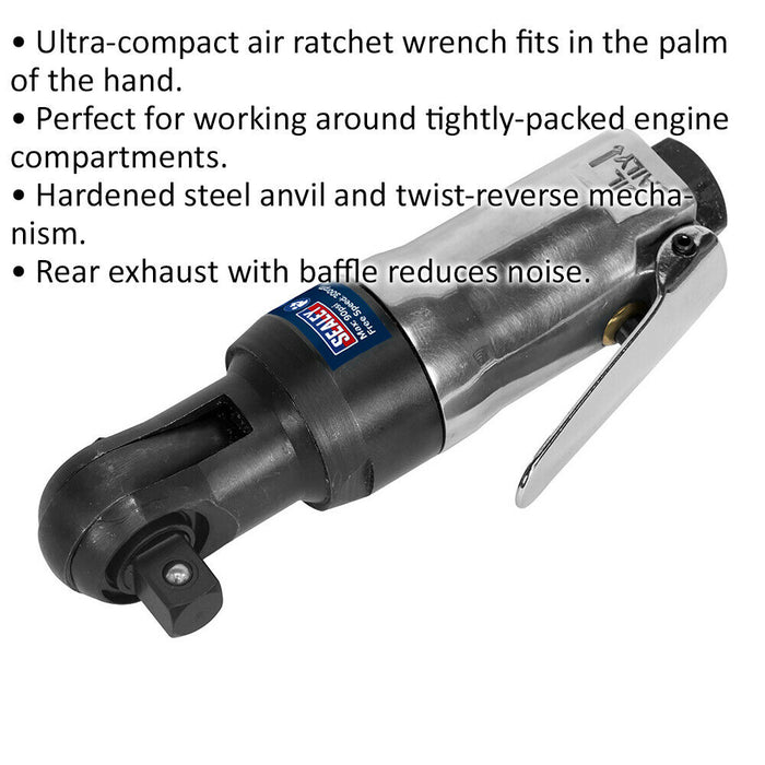 Air Powered Twist-Reverse Ratchet Wrench - 3/8 Inch Sq Drive - Stubby Design Loops