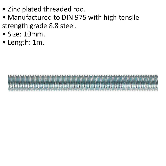 5 PACK Threaded Studding Rod - M10 x 1mm - Grade 8.8 Zinc Plated - DIN 975 Loops