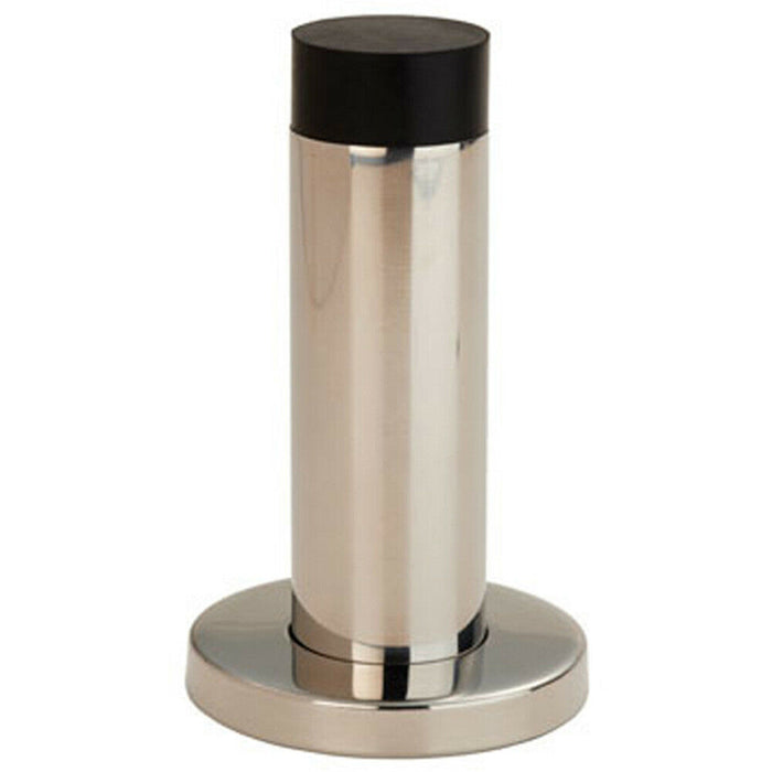 Wall Mounted Doorstop Cylinder on Rose Rubber Tip 76 x 22mm Bright Steel Loops
