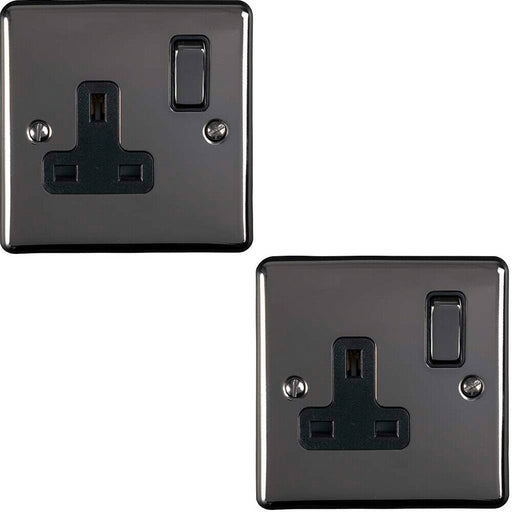 2 PACK 1 Gang Single UK Plug Socket BLACK NICKEL 13A Switched Power Outlet Loops
