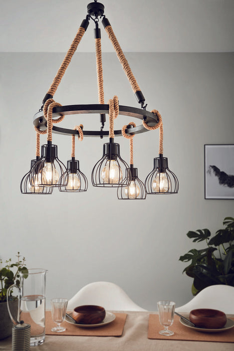 6 Bulb Ceiling Pendant & 2x Matching Wall Lights Black Rope Trendy Feature Lamp Loops
