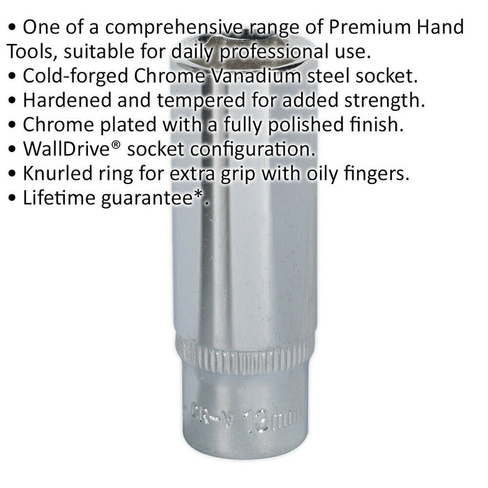 13mm Forged Steel DEEP Drive Socket - 1/4" Square Drive Polished Chrome Vanadium Loops