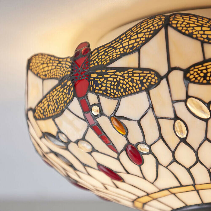 Tiffany Glass Semi Flush Ceiling Light Dragonfly Round Inverted Shade i00043 Loops