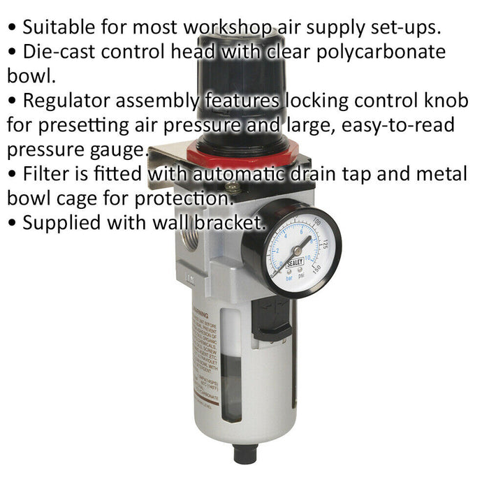Workshop Air Filter & Regulator - Pressure Gauge - 1/2" BSP - Wall Bracket Loops