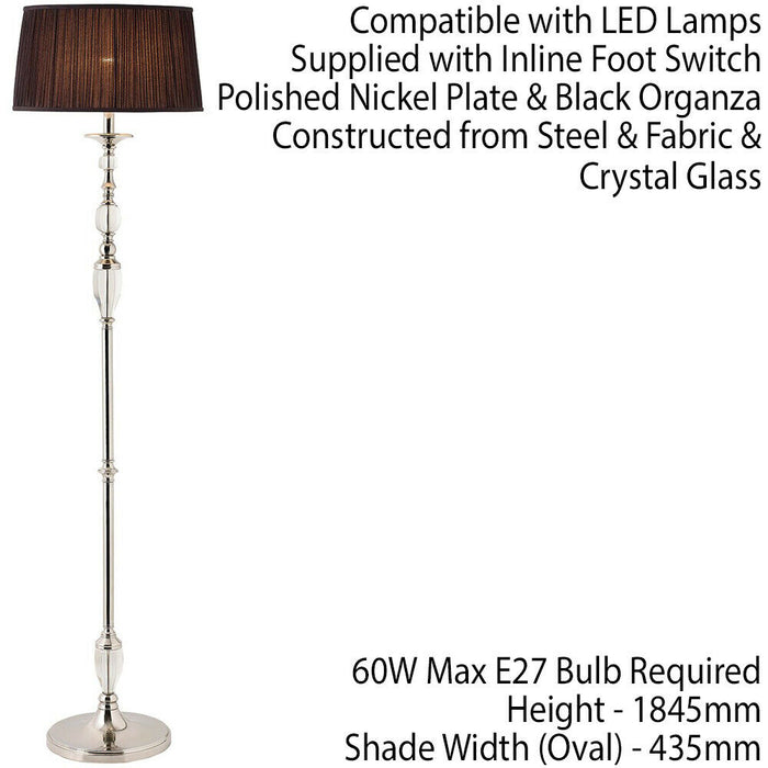 Luxury Elegant Floor Lamp Polished Nickel Crystal Black Organza Shade 6ft Tall Loops