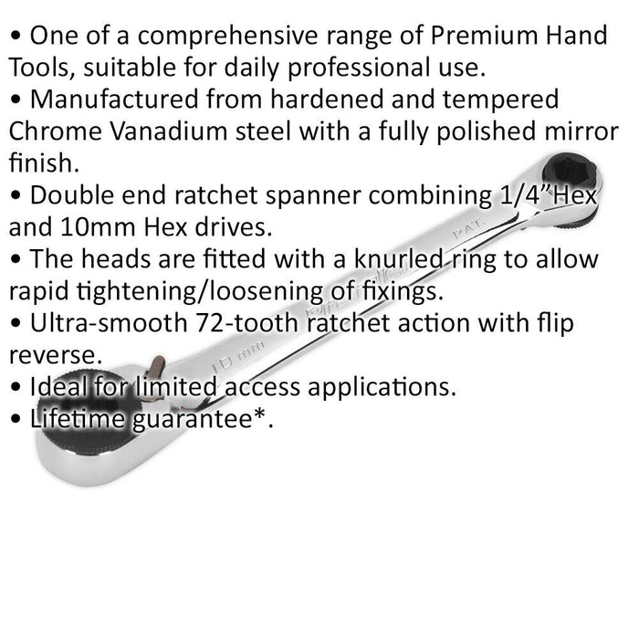 120mm Reversible Ratchet Spanner - 1/4" Hex x 10mm Hex - 72-Tooth Ratchet Action Loops