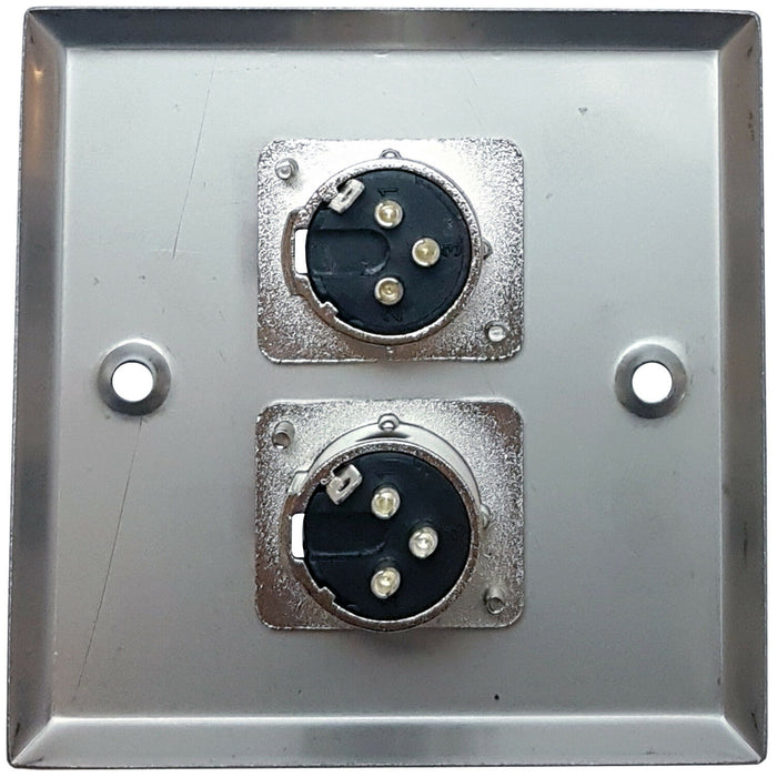 Brushed Steel Twin (2x) 3 Pin XLR Male Plug Wall Face Plate - Amp Speaker Socket Loops