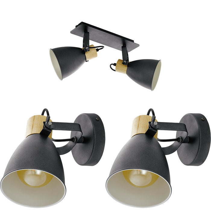 Twin Ceiling Spot Light & 2x Matching Wall Lights Black & Wood Shade Moving Head Loops