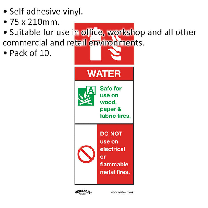 10x WATER FIRE EXTINGUISHER Safety Sign - Self Adhesive 75 x 210mm Sticker Loops