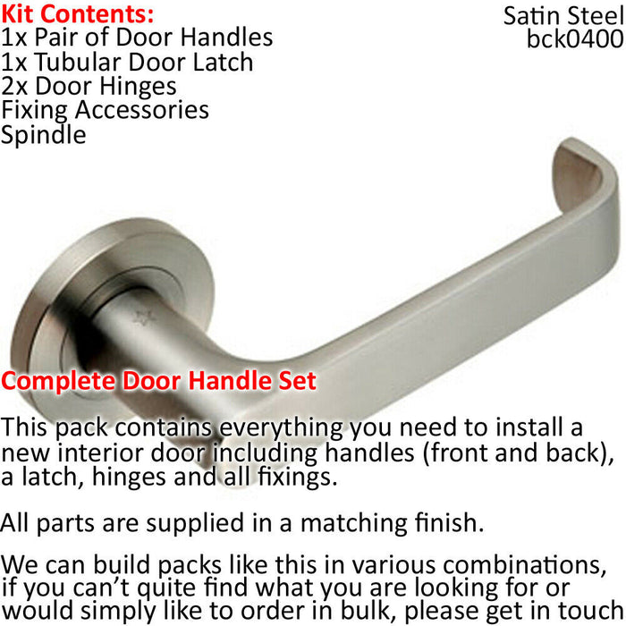 Door Handle & Latch Pack Satin Steel Straight Safety Bar Screwless Round Rose Loops
