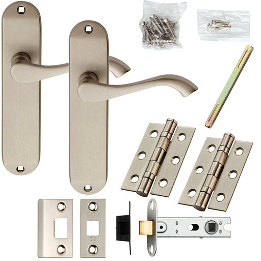 Door Handle & Latch Pack Satin Chrome Modern Curved Lever Rounded Backplate Loops