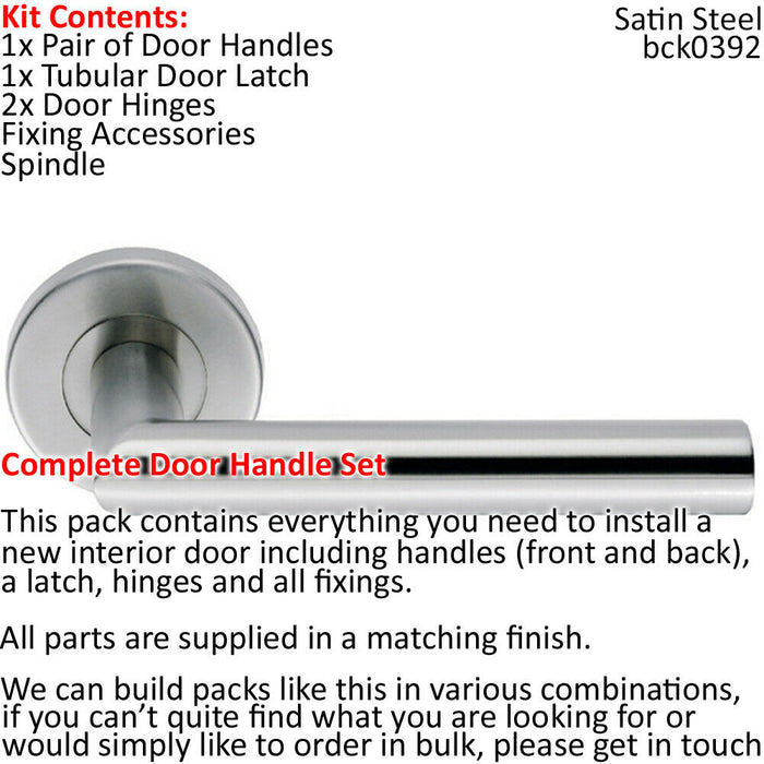 Door Handle & Latch Pack Satin Steel Straight Mitre Lever Screwless Round Rose Loops