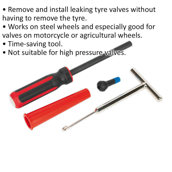 Tyre Valve Removal & Installation Tool Set - Cone Push/Pull Driver - Valve Hook Loops