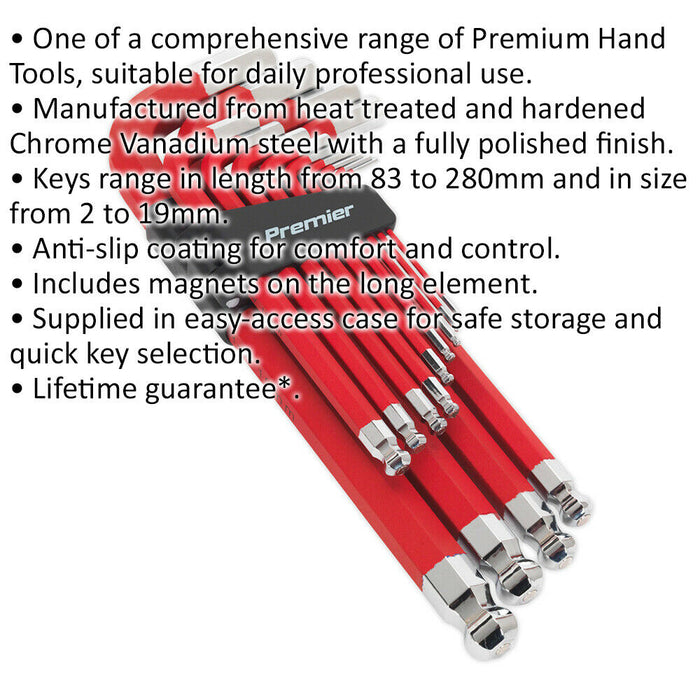 13 Piece Long Jumbo Ball-End Hex Key Set - 2mm to 19mm Size - Anti-Slip Coating Loops