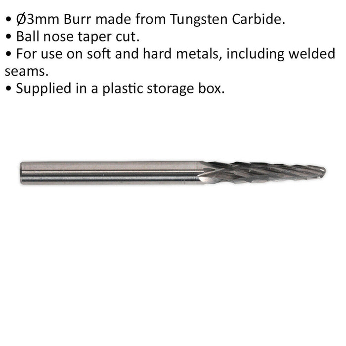 3 PACK - 3mm Micro Carbide Burr Ball Nose Tapered Bits - Rotary Flash Removing Loops