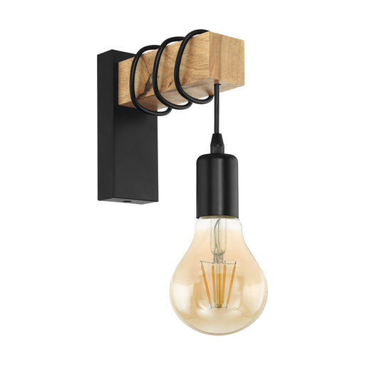 LED Wall Light / Sconce Black Plate & Wood Hangman Arm 1 x 10W E27 Bulb Loops