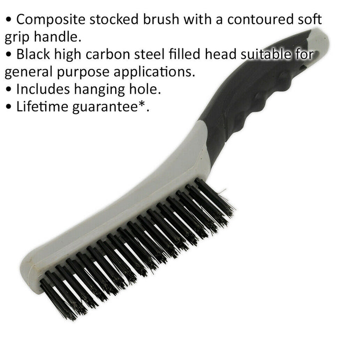 Composite Wire Brush with Carbon Steel Fill - Contoured Soft Grip Handle Loops
