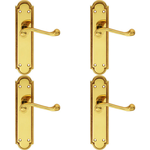 4x PAIR Reeded Scroll Lever on Shaped Latch Backplate 205 x 49mm Polished Brass Loops