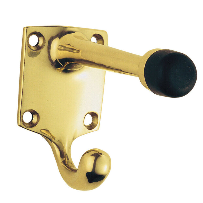 2x One Piece Hat & Coat Hook with Rubber Buffer 88mm Projection Polished Brass Loops