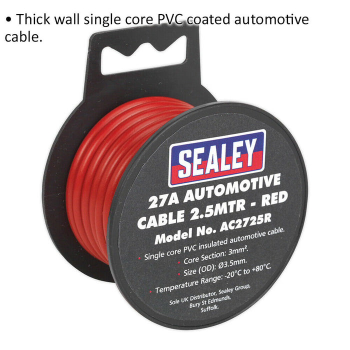 Red 27A Thick Wall Automotive Cable - 2.5m Reel - Single Core - PVC Insulated Loops