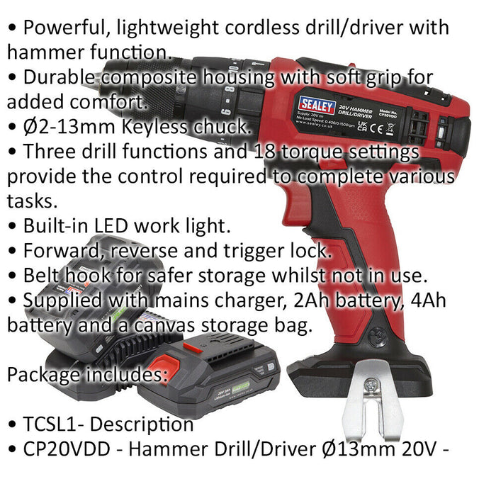 20V Hammer Drill Driver Kit - Includes 2 x Batteries & Charger - Storage Bag Loops