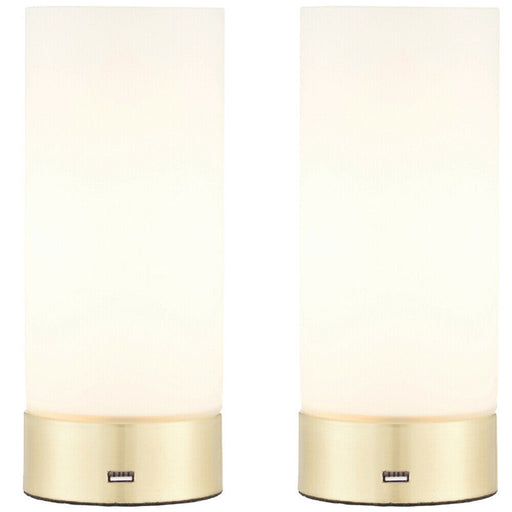 2 PACK | Touch Dimmable Table Lamp Brass & Frosted Glass Shade Light USB Charger Loops