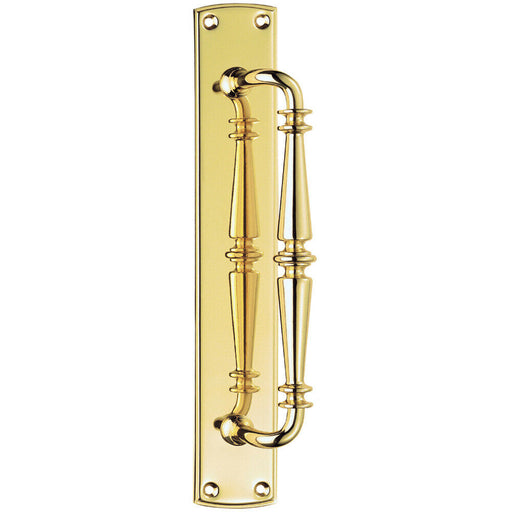 Cranked Ornate Door Pull Handle 380 x 65mm Backplate Polished Brass Loops