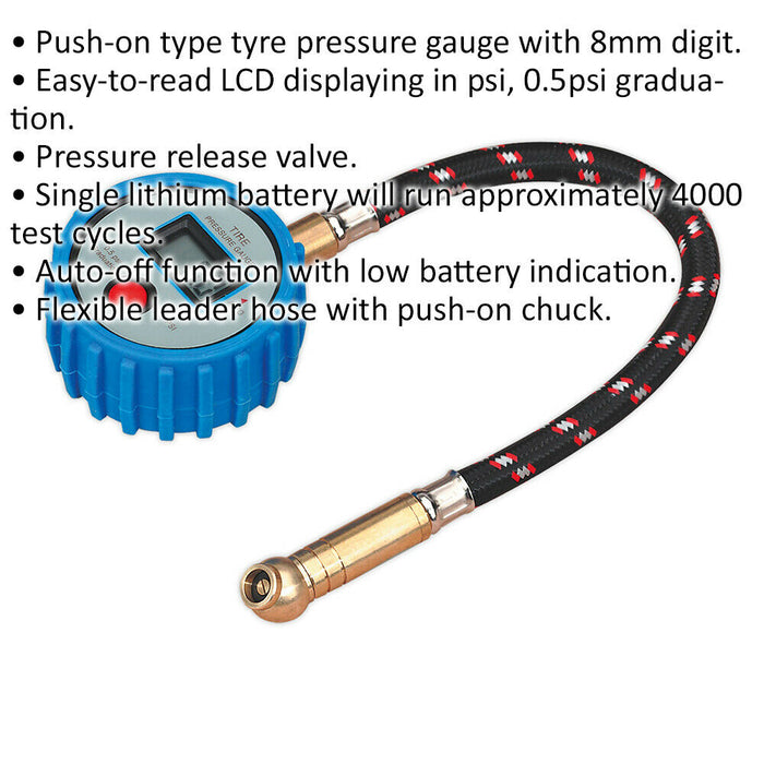 100psi DIGITAL Tyre Pressure Gauge with Push On Connector - Quick Release Hose Loops