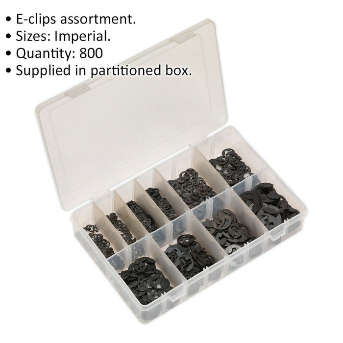 800 Piece E-Clip Retainer Assortment - Imperial Sizing - Partitioned Storage Box Loops