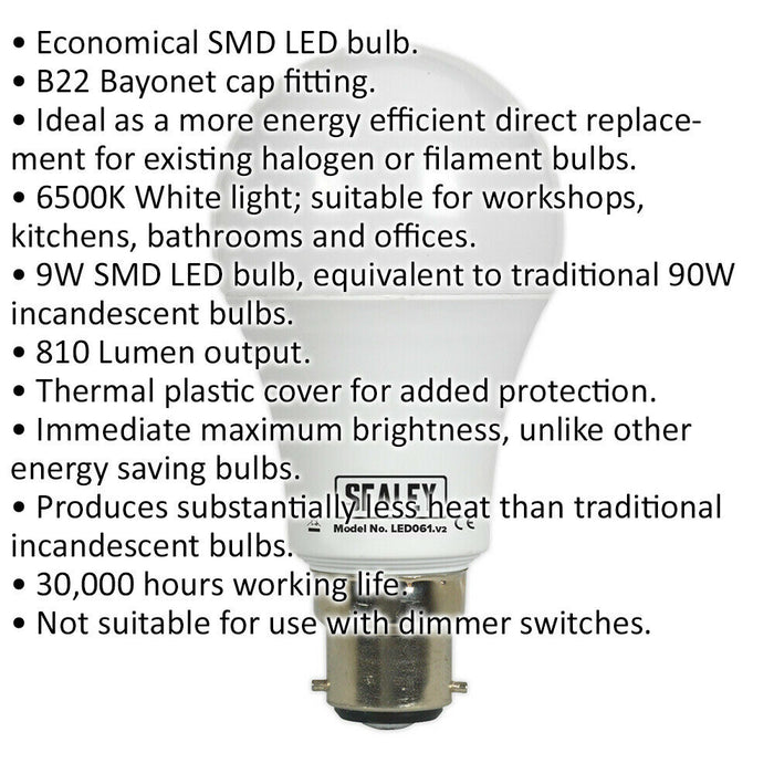 9W B22 SMD LED Light Bulb - Bayonet Cap Fitting - 6500k White Light - 810 Lumens Loops