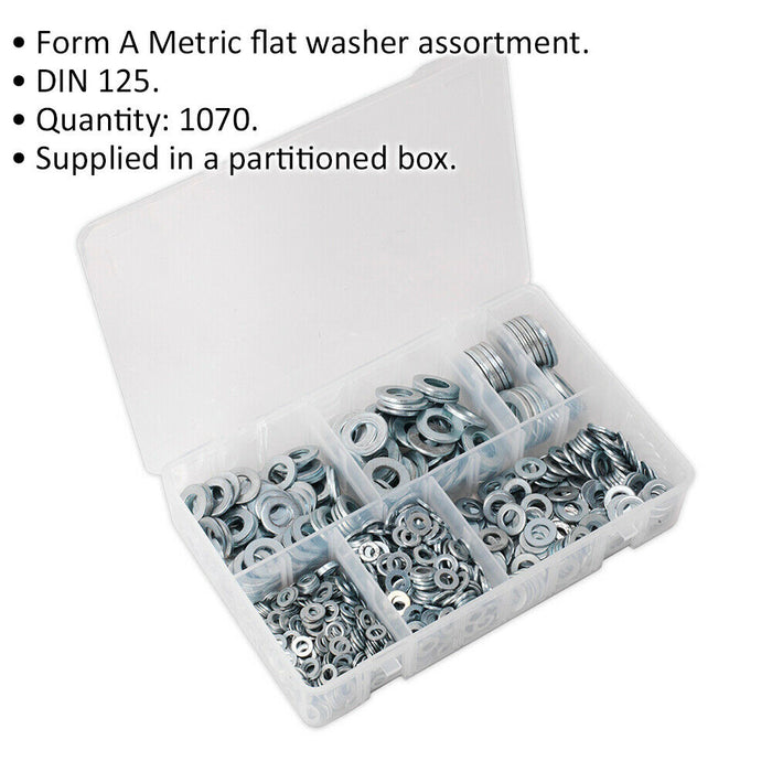 1070 Piece Form A Flat Washer Assortment - M5 to M16 - Partitioned Storage Box Loops