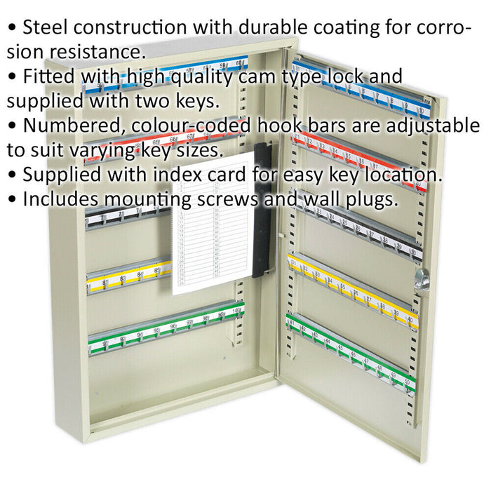 Wall Mounted Locking Key Cabinet Safe - 100 Key Capacity - 375 x 550 x 80mm Loops