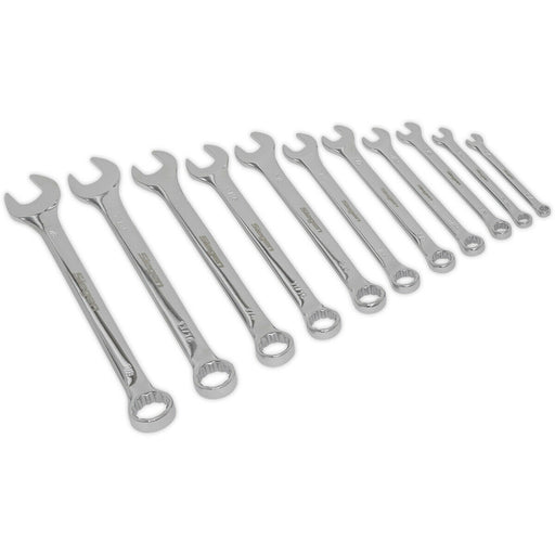 11pc Slim Handled Combination Spanner Set - 12 Point Imperial Ring Open End Head Loops