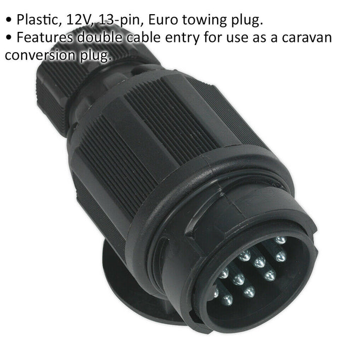 12V Plastic 3-Pin Euro Towing Plug - Twin Outlet Converter - Protective End Cap Loops