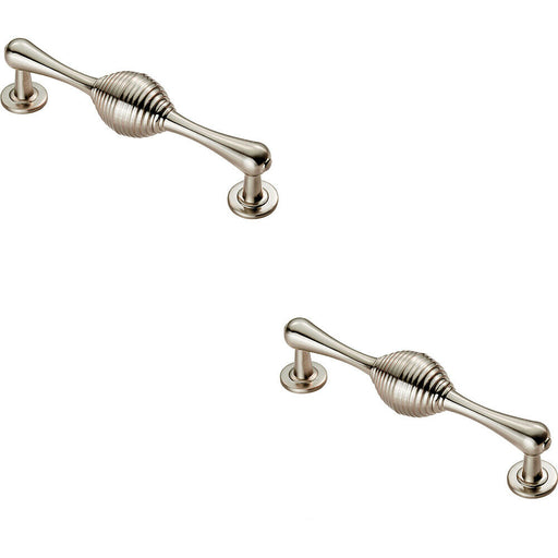 2x Reeded Beehive Handle on Round Rose and Stem 128mm Fixing Centres Nickel Loops