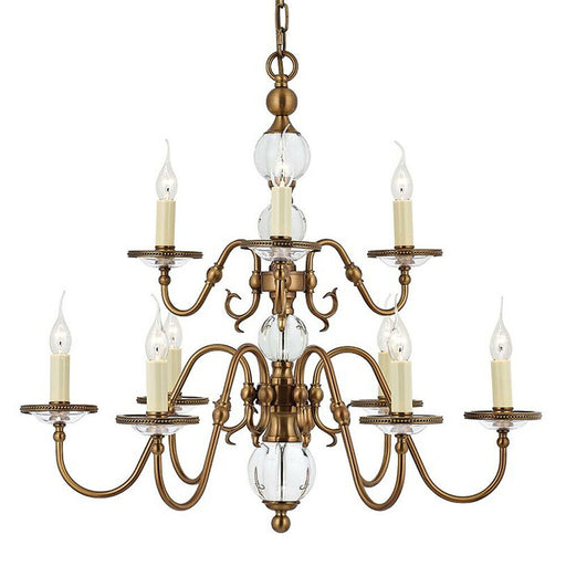 Flemish Ceiling Pendant Chandelier Antique Brass & Crystal Curved 9 Lamp Light Loops
